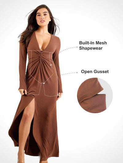 Built-In Shapewear Deep V-Neck Twist Split Maxi Dress