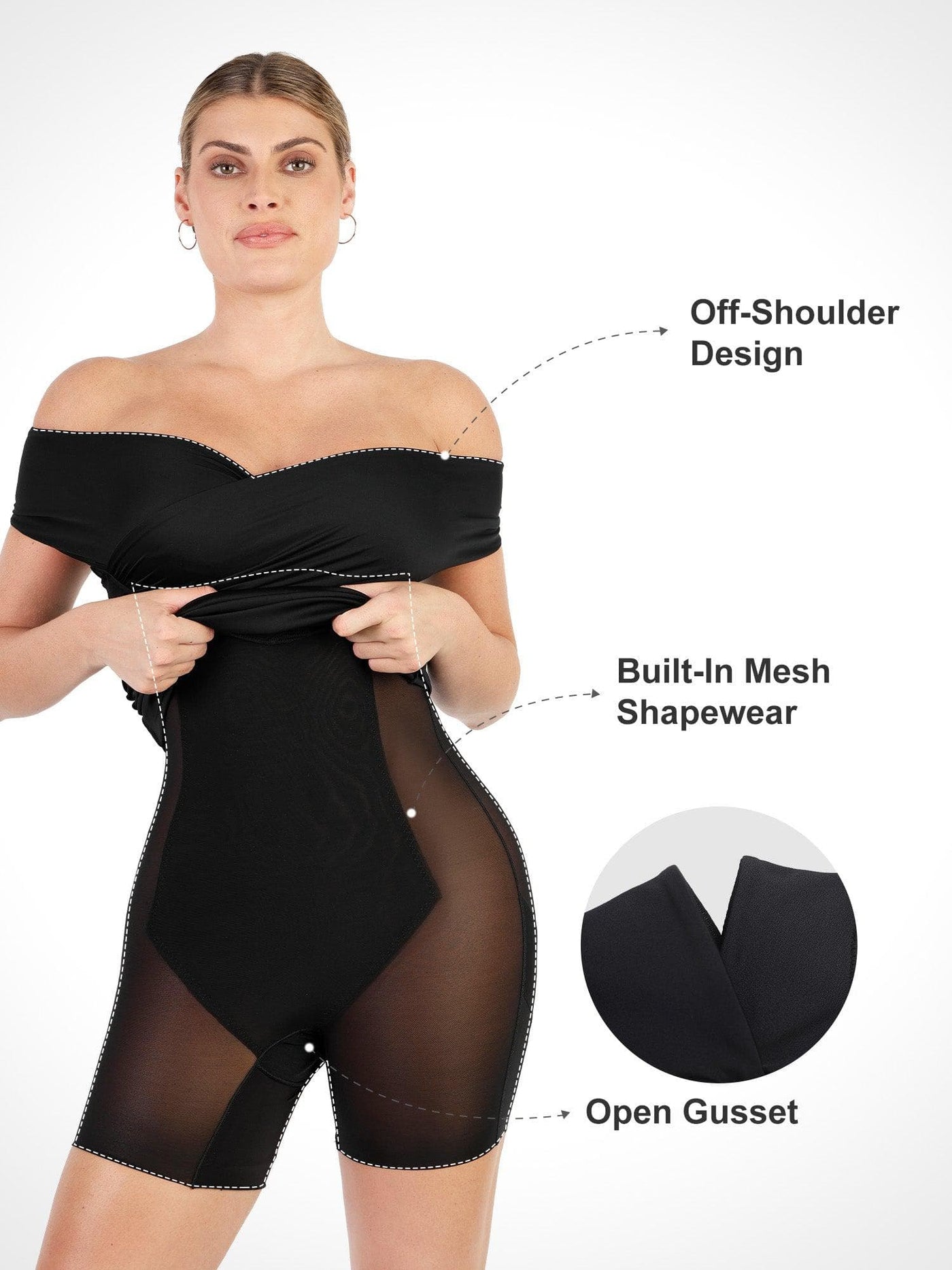 Built-In Shapewear Off Shoulder V-Neck Ruched Midi Dress