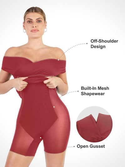 Built-In Shapewear Off Shoulder V-Neck Ruched Midi Dress