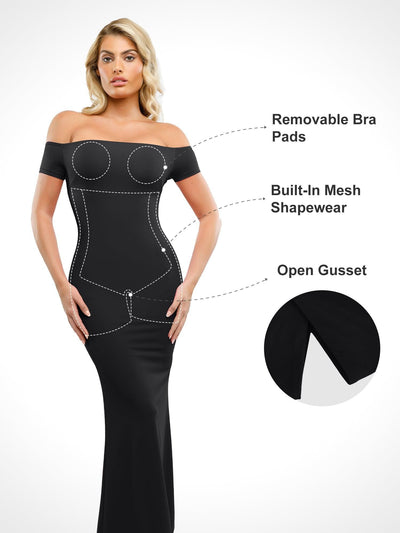 Built-In Shapewear Off Shoulder Maxi Dress