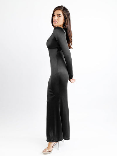 Built-In Shapewear Long Sleeve Cut-Out Back Shine Maxi Dress