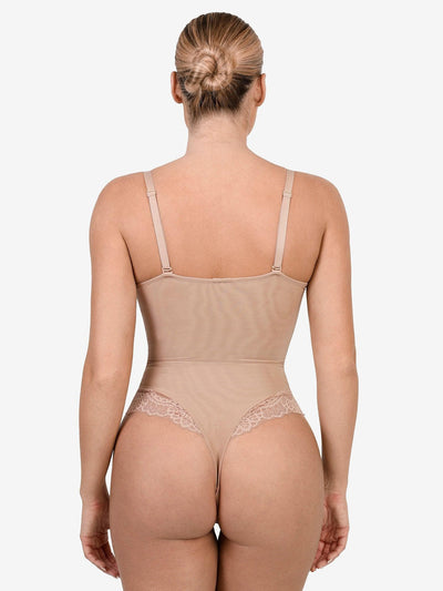 Deep-V Neck Lace Thong Bodysuit